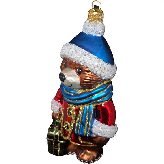 bombki Ręcznie malowana szklana bombka miś z walizką w czerwonym płaszczu