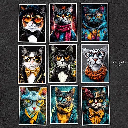 grafiki i ilustracje Hipsterskie koty nr 1 - zestaw 9 grafik