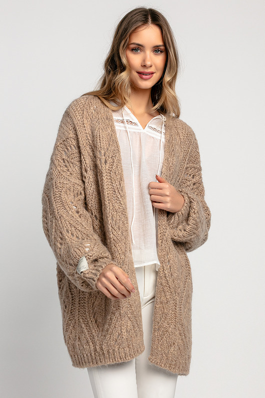 kardigany damskie Ażurowy kardigan oversize F1974 latte