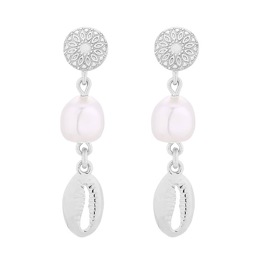 kolczyki srebrne Srebrne długie kolczyki z muszelkami i perłami SWAROVSKI CRYSTAL