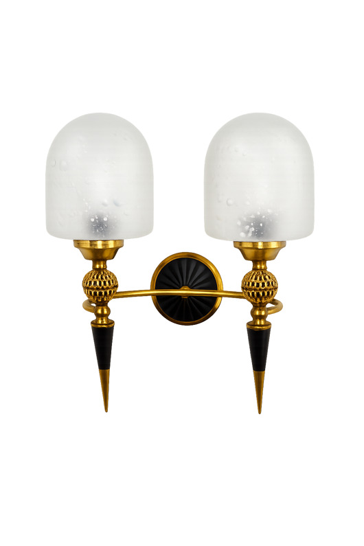 kinkiety Mosiężny kinkiet mid-century, lata 50., szkło i mosiądz, 2xE14