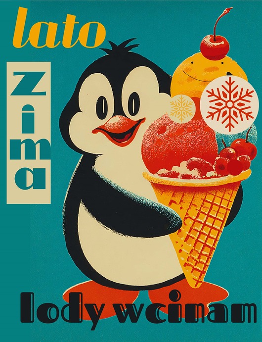 plakaty Plakat  lato zima lody wcinam   pingwin  30cmx40cm