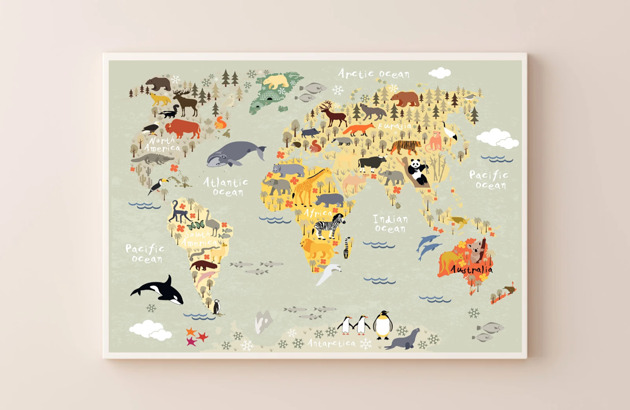 plakaty PLAKAT mapa świata do pokoju dziecka zwierzęta