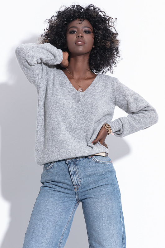 swetry damskie  Szary wełniany sweter F1273