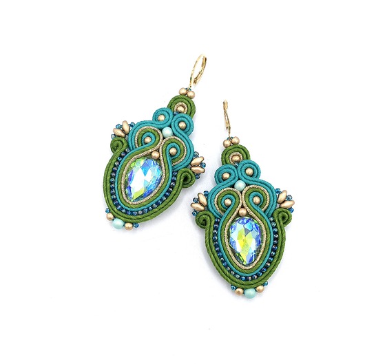 kolczyki soutache Auralis kolczyki sutasz zielono turkusowe letnie z kryształkami