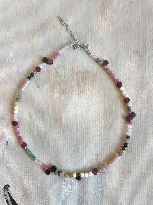 chokery Naszyjnik choker BOHO ART granat, turmalin, kwarc różowy