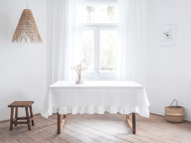 obrusy i serwetki Lniany obrus z falbanką  heavy linen PURE WHITE