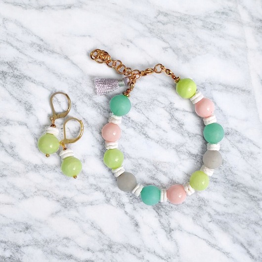 komplet biżuterii HOT TREND  : komplet : bransoletka, kolczyki : pastelle : jadeit 10mm