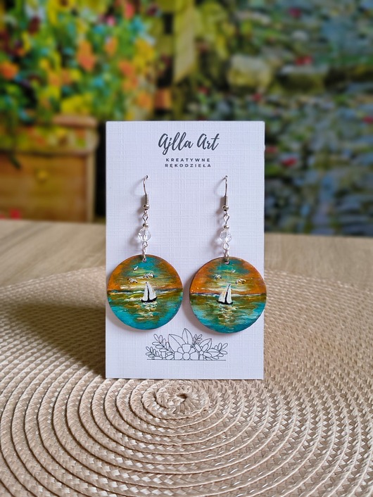 kolczyki drewniane Kolczyki malowane ręcznie Żaglówka o Zachodzie