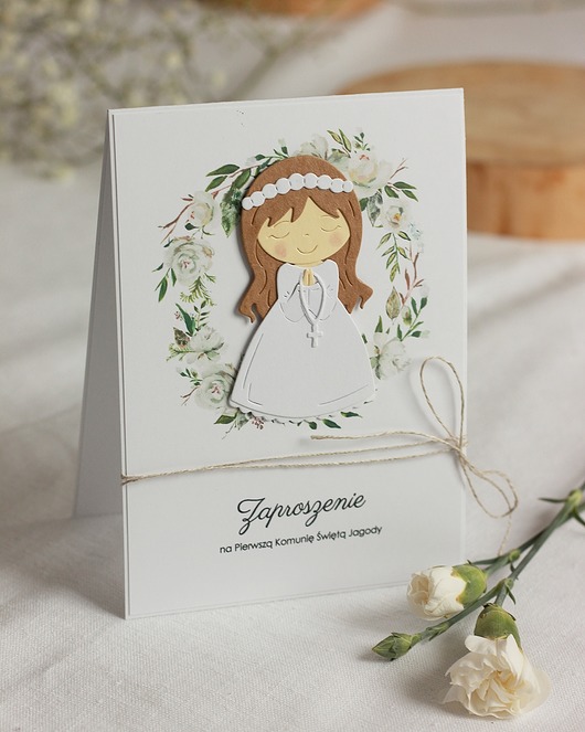 zaproszenia na komunię Biała piwonia. Zaproszenia dla dziewczynki