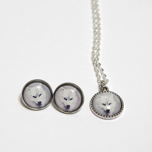 komplet biżuterii Naszyjnik i kolczyki  - Biały wilk, drzewko