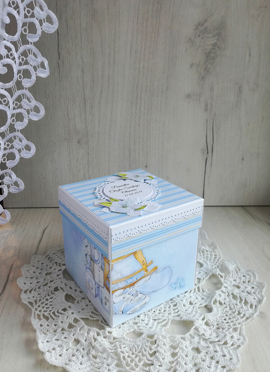 Exploding box błękitny łóżeczkiem miś GOTOWY Lulaczkowo