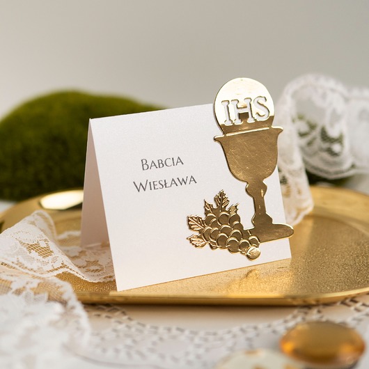 komunia - pozostałe Złote winietki komunijne z kielichem 10 sztuk