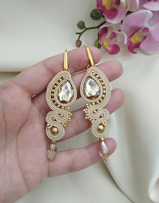 kolczyki soutache Długie kolczyki sutasz na wesele, kremowe kolczyki
