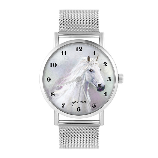 zegarki unisex Zegarek - Biały koń, cyfry - bransoleta mesh