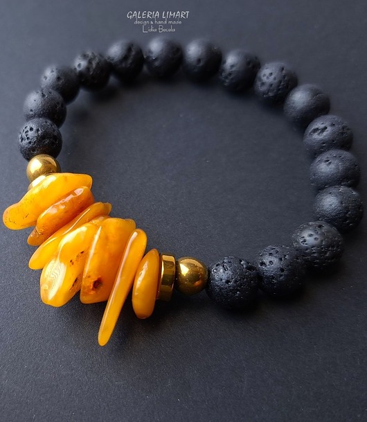 bransoletki z kamieni naturalnych Bransoletka z surowego bursztynu bałtyckiego mlecznego i lawy Prezent handmade