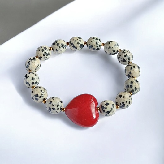 bransoletki z kamieni naturalnych Jaspis dalmatyński i serce : CZERWIEŃ : bransoletka na gumce