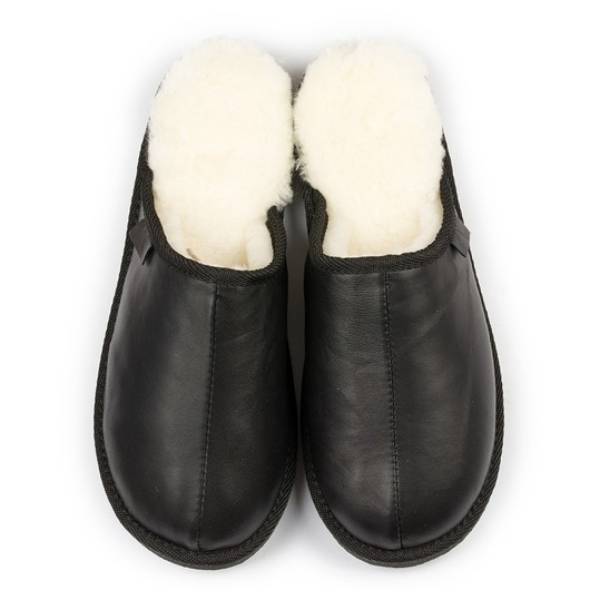 buty męskie Eleganckie kapcie skórzane czarne z białą wełną