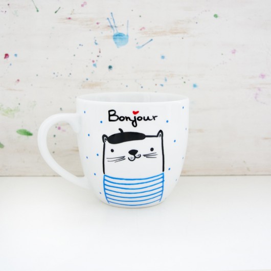 Bonjour z kotem- XL kubek porcelanowy  miamilu