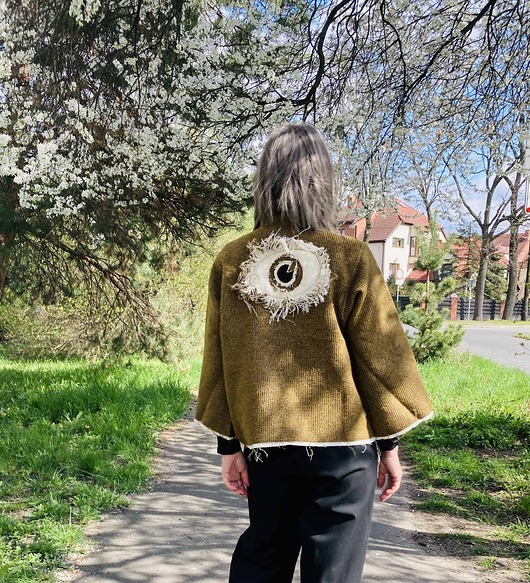 marynarki damskie Kimono wełna bawełna na plecach oko z frędzlami.