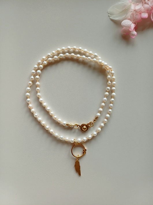 naszyjniki - inne Naszyjnik perła naturalna - zawieszka  piórko