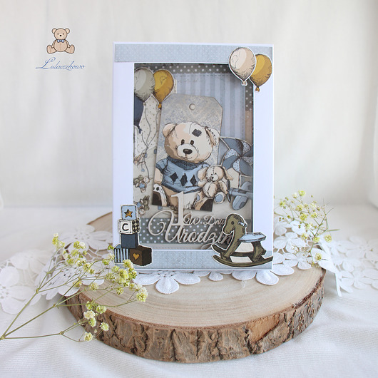 kartki scrapbooking Kartka na roczek "BabyBoy Miś Vintage" GOTOWA