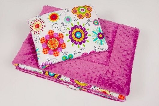 Zestaw minky - kwiaty - kocyk+podusia Minky and Cotton