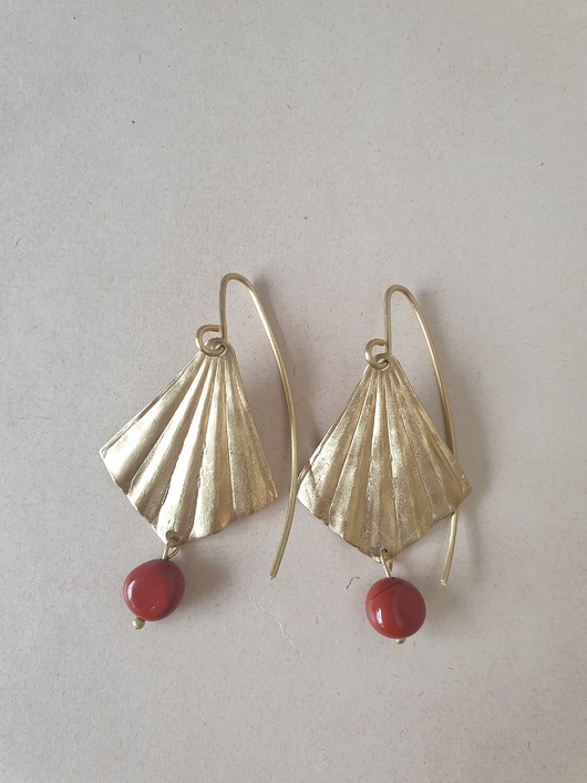 kolczyki z kamieniami Kolczyki ORIGAMI wachlarze, mosiądz surowy, jaspis królewski owal