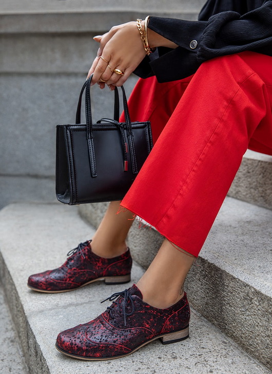 półbuty damskie Skórzane półbuty jazzówki Zapato model 246 czarno-czerwony marmur