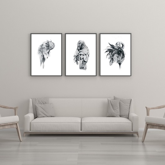 plakaty Zestaw trzech grafik z ptakami - rysunki A3 , czarno białe w formie plakatów