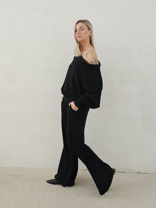 komplety damskie Bellita dzianinowy komplet dzwony i bluzka opadające ramię czarny