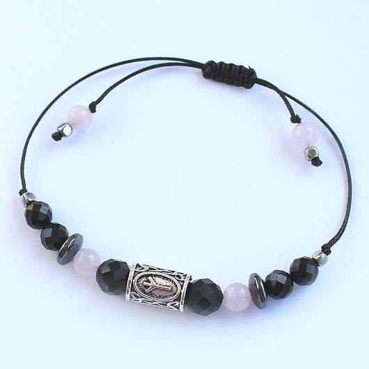 bransoletki z kamieni naturalnych Odporność i ochrona - runa Algiz, czarny turmalin, kwarc różowy