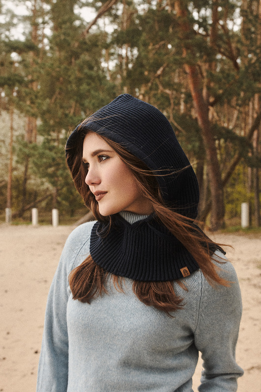 czapki damskie Kaptur Balaclava NUTRIA 100% Wełna Merino Granatowy Unisex