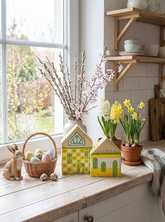 ozdoby wielkanocne Zestaw drewnianych domków (Wiosenne, WIelkanocne)