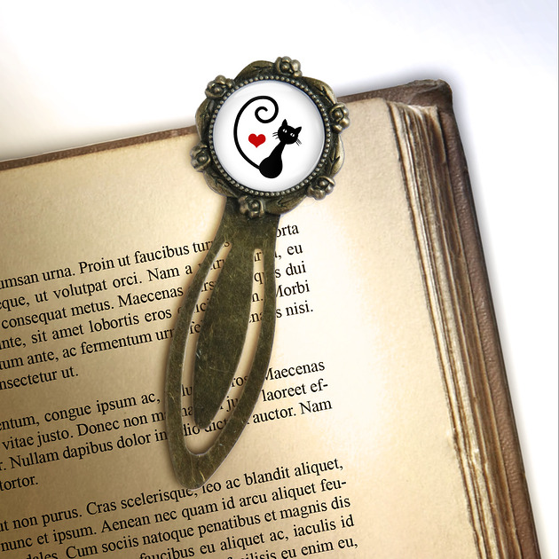 zakładki do książek Zakładka do książki - Kotek, serce - klips, brąz