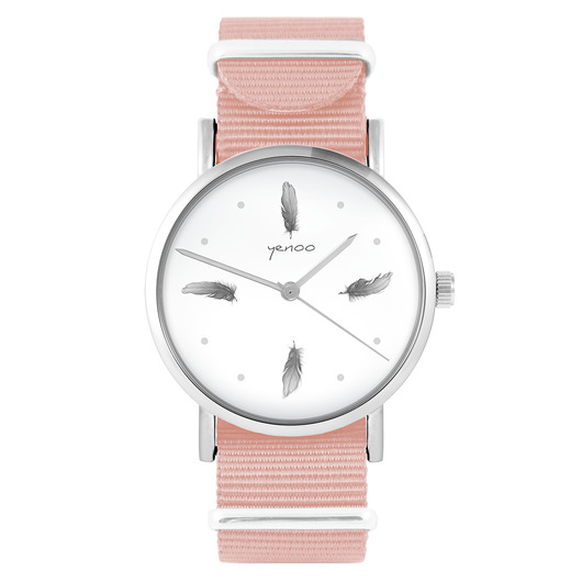 zegarki damskie Zegarek - Szare piórka - brzoskwiniowy róż
