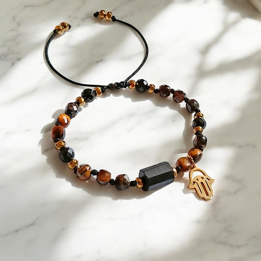 bransoletki z kamieni naturalnych OCHRONA, SIŁA - czarny turmalin, tygrysie oko, HAMSA
