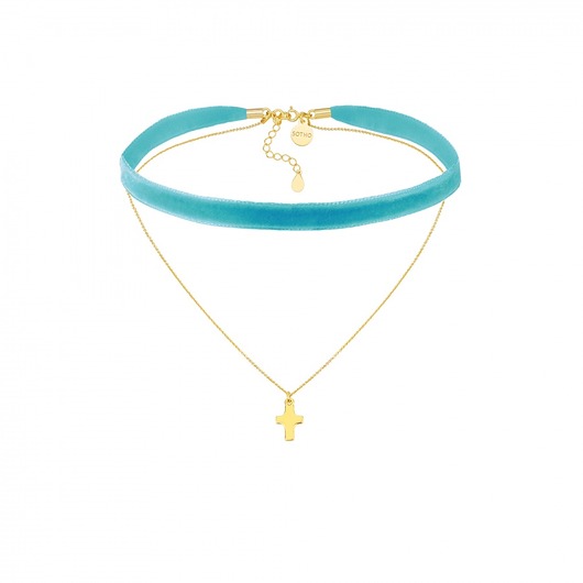 Turkusowy aksamitny choker z łańcuszkiem SOTHO