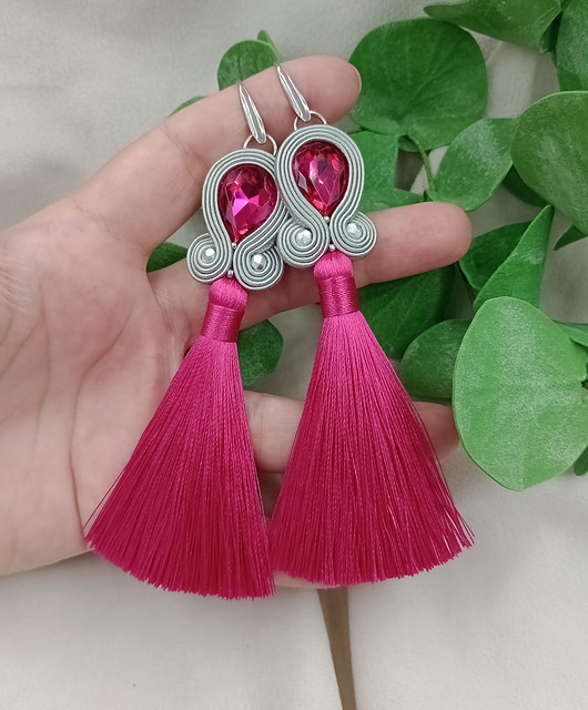 kolczyki soutache Kolczyki chwosty amarant fuksja różowe szare srebrne