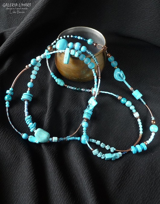 korale Długi naszyjnik Boho z turkusem i miedzią ciekawy oryginalny prezent handmade