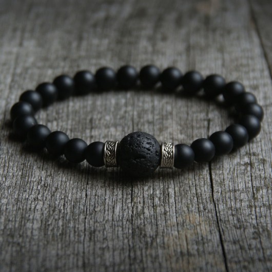 męska bransoletka - matowy black stone & lawa kaktusia