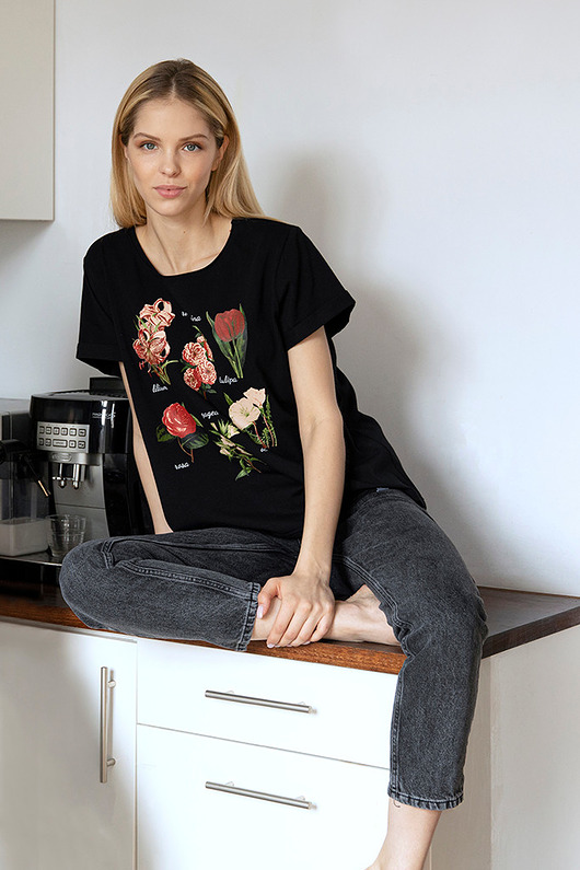 Czarny Vintage T-shirt z nadrukiem Flore Nubee