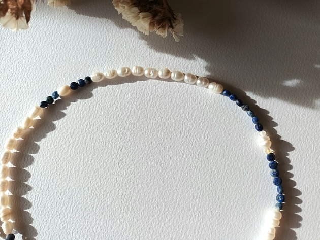 naszyjniki - inne Naszyjnik  perły  naturalne  i lapis lazuli