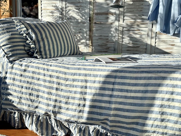 pościel Komplet poszewek z lnu tkanego w pasy z białej i niebieskiej przędzy