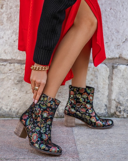 botki damskie RĘCZNIE ROBIONE BOTKI ZAPATO 454 CZARNE LIŚCIE