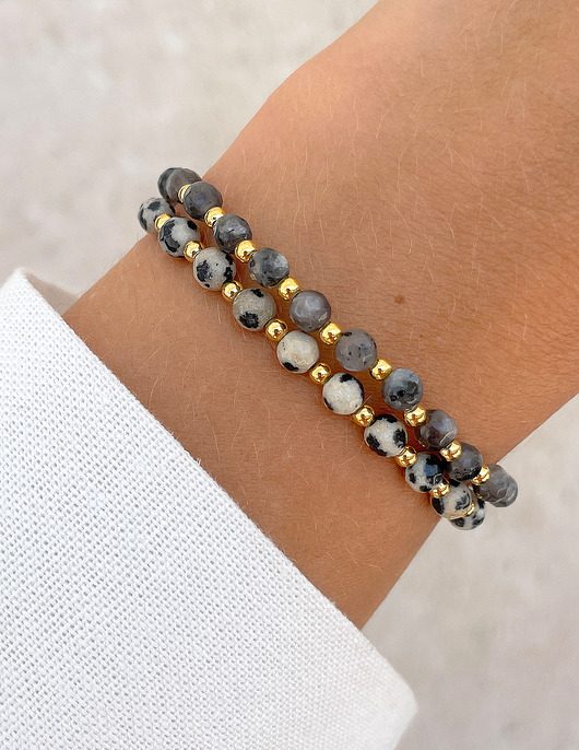 bransoletki z kamieni naturalnych Bransoletki na gumce - larvikit, jaspis dalmatyński z hematytem