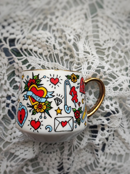 kubki Ręcznie malowany kubek TATTOO tatuaż serce