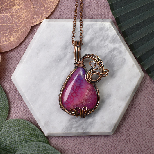 wisiory Miedziany wisiorek wire wrapping z agatem #216
