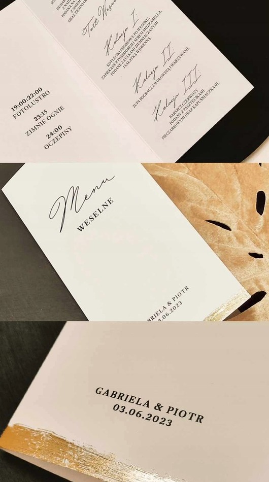 dodatki ślubne Menu weselne składane na stół, złote,21x10cm, 5szt