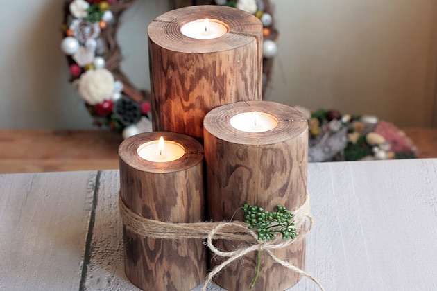świeczniki i świece Zestaw 3 rustykalnych drewnianych świeczników